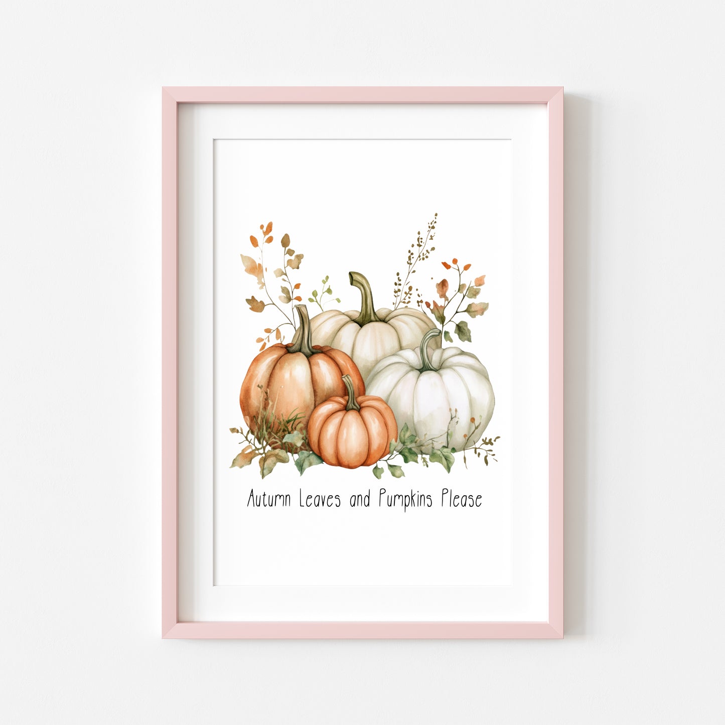 Autumn leaves & pumpkins please orange green seasonal fall watercolour bouquet unframed wall art poster print