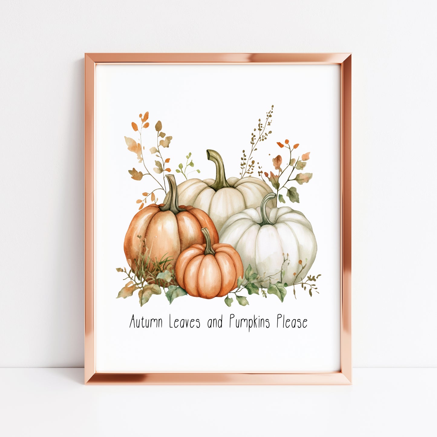 Autumn leaves & pumpkins please orange green seasonal fall watercolour bouquet unframed wall art poster print