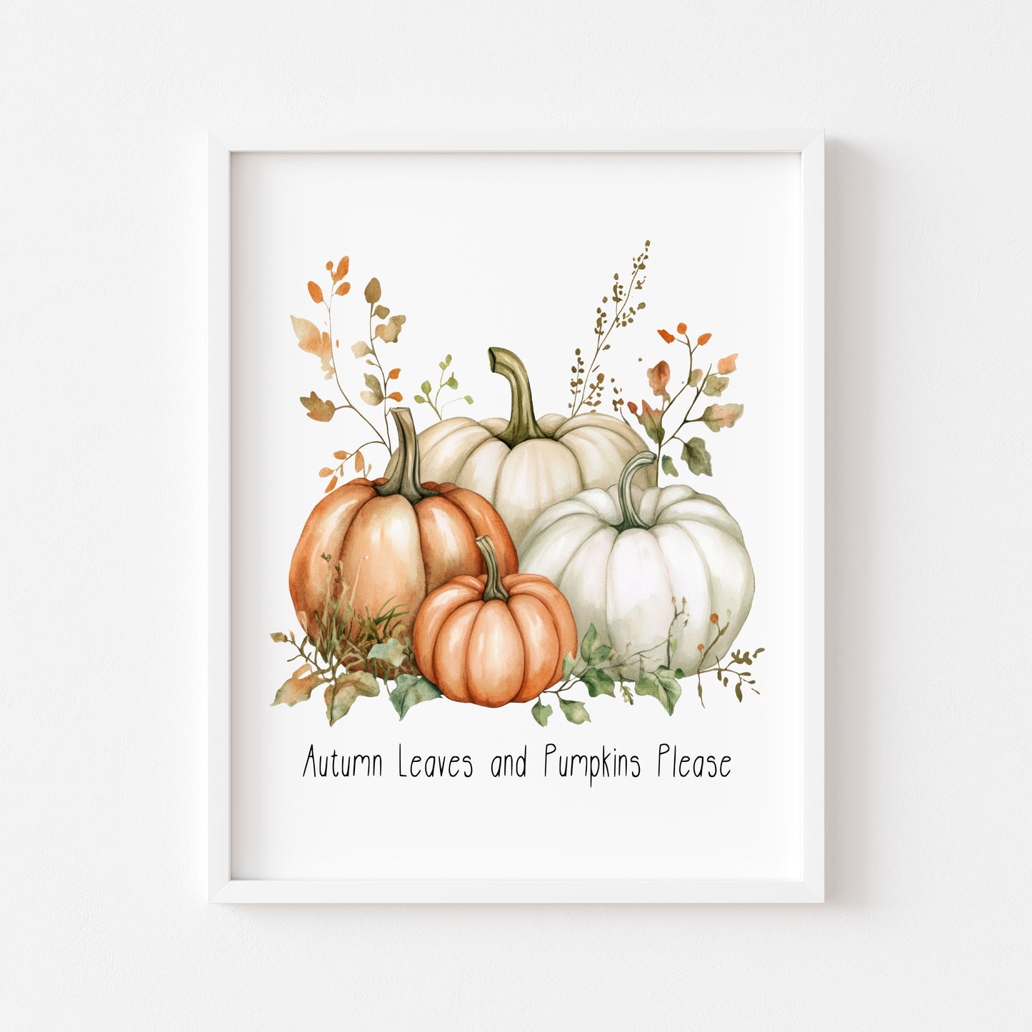 Autumn leaves & pumpkins please orange green seasonal fall watercolour bouquet unframed wall art poster print