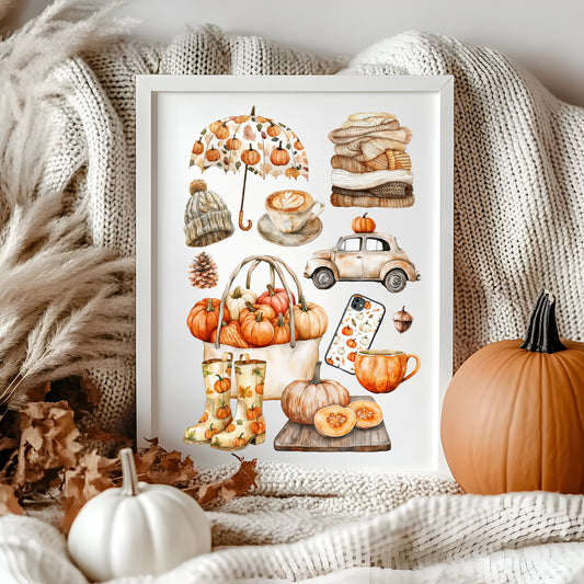 Autumn favourites, Autumn cosy orange green rusty fall autumn vibes unframed wall art poster print, autumn home decor autumn mood board