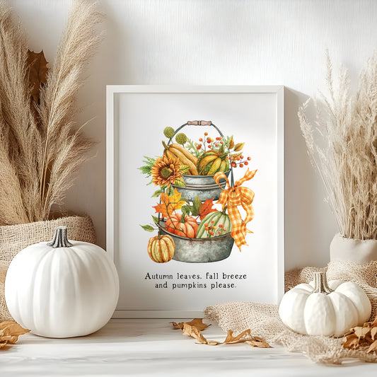Autumn leaves, fall Breeze and Pumpkins please orange green tiered tray unframed wall art poster print, autumn home decor autumn accessories