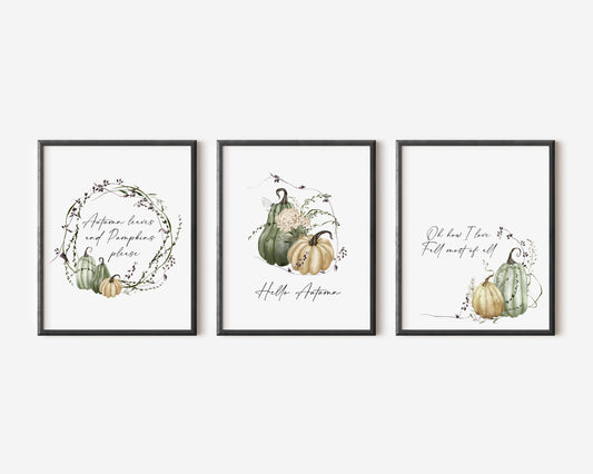 Set of 3 Autumn prints, green cream watercolour pumpkin seasonal unframed wall art poster prints