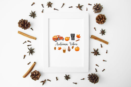 Autumn Print, Autumn Vibes, autumn favourites watercolour illustration unframed wall art poster print