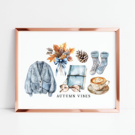 Autumn Vibes, blue cardi jumper acorns pumpkins coffee cosy Autumn landscape unframed wall art poster print, autumn home decor autumn decor