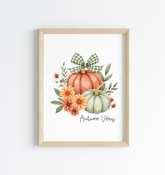 Autumn vibes Print orange and green chequered bow pumpkins unframed wall art poster print