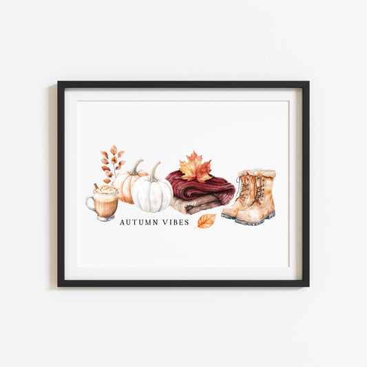 Autumn Vibes, fall leaves cosy jumper pumpkin spice coffee landscape unframed wall art poster print, autumn home decor autumn decor