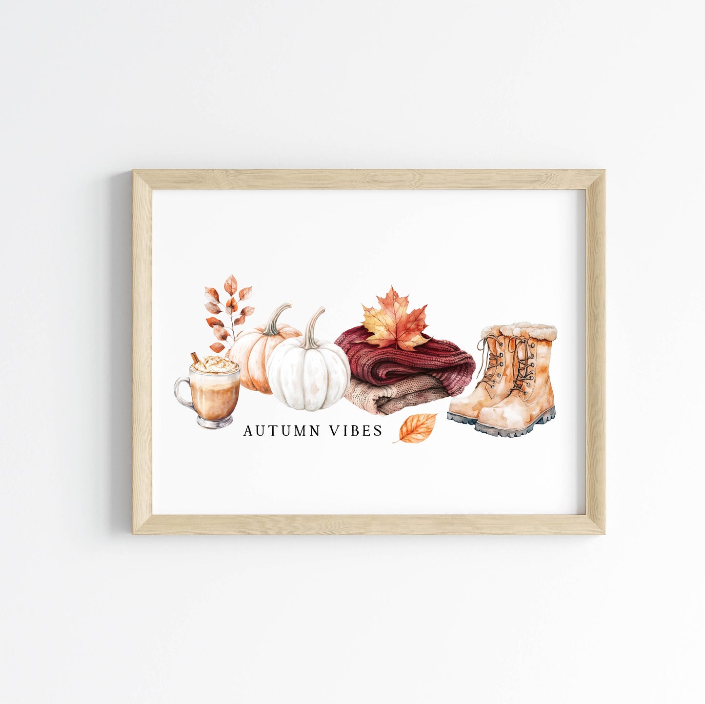 Autumn Vibes, fall leaves cosy jumper pumpkin spice coffee landscape unframed wall art poster print, autumn home decor autumn decor