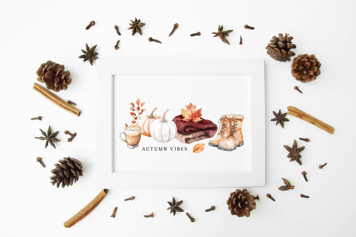 Autumn Vibes, fall leaves cosy jumper pumpkin spice coffee landscape unframed wall art poster print, autumn home decor autumn decor