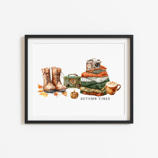 Autumn Vibes, jumper stack orange green pumpkins coffee cosy Autumn landscape unframed wall art poster print, autumn home decor autumn decor