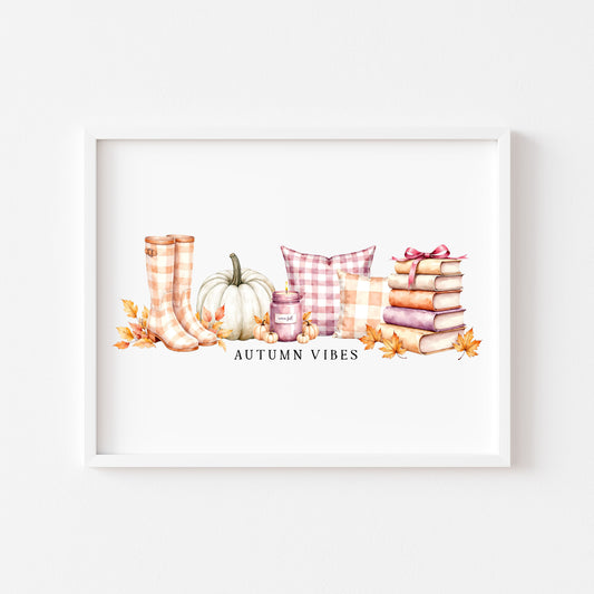 Autumn Landscape Cosy Pumpkin Fall Chequered orange & purple Home Decor unframed wall art