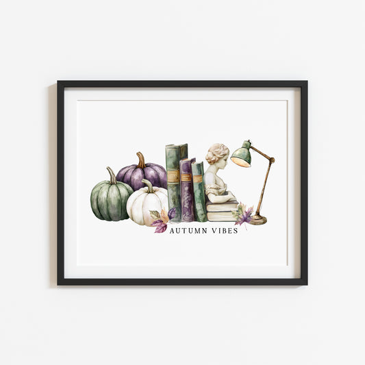 Autumn Vibes, fall leaves books green purple pumpkin cosy Autumn landscape unframed wall art poster print, autumn home decor autumn decor