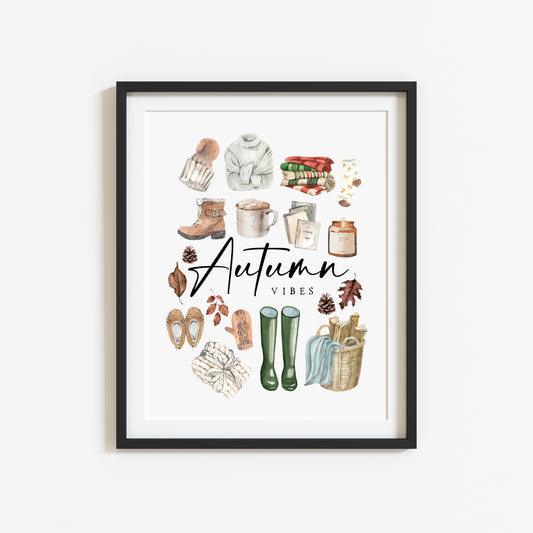 Autumn Vibes, watercolour autumn favourites watercolour arrangement unframed wall art poster print