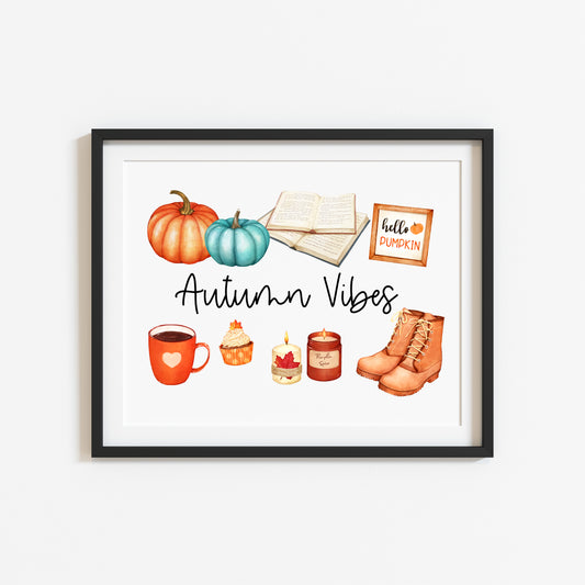 Autumn vibes, autumn favourites, blue orange accessories landscape unframed wall art poster print