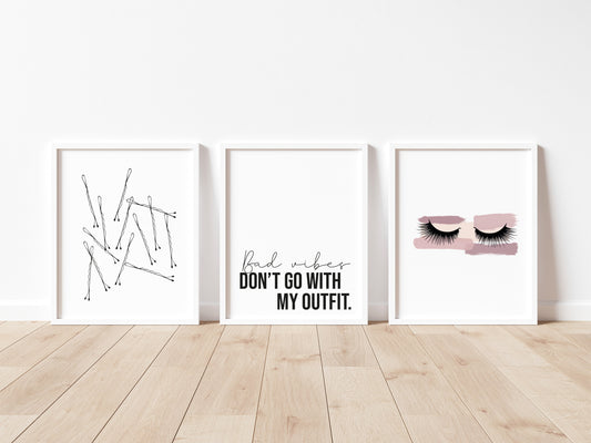 Set of 3 fashion prints, Bad vibes don't go with my outfit pink smudge eyelashes and bobby pins unframed prints
