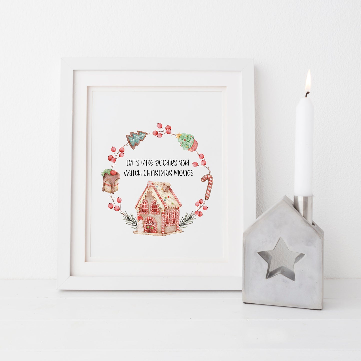 Let's bake goodies and watch Christmas movies, watercolour gingerbread wreath xmas seasonal unframed wall art poster print