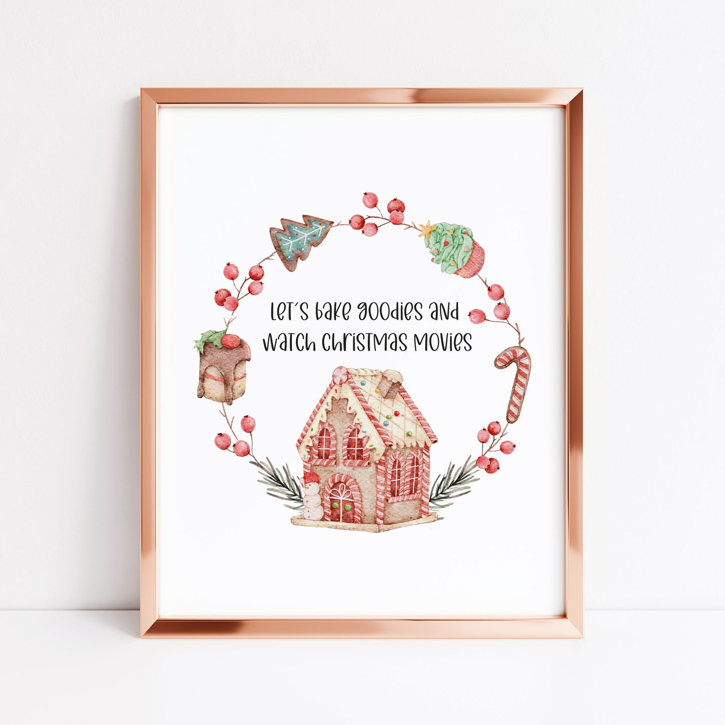 Let's bake goodies and watch Christmas movies, watercolour gingerbread wreath xmas seasonal unframed wall art poster print