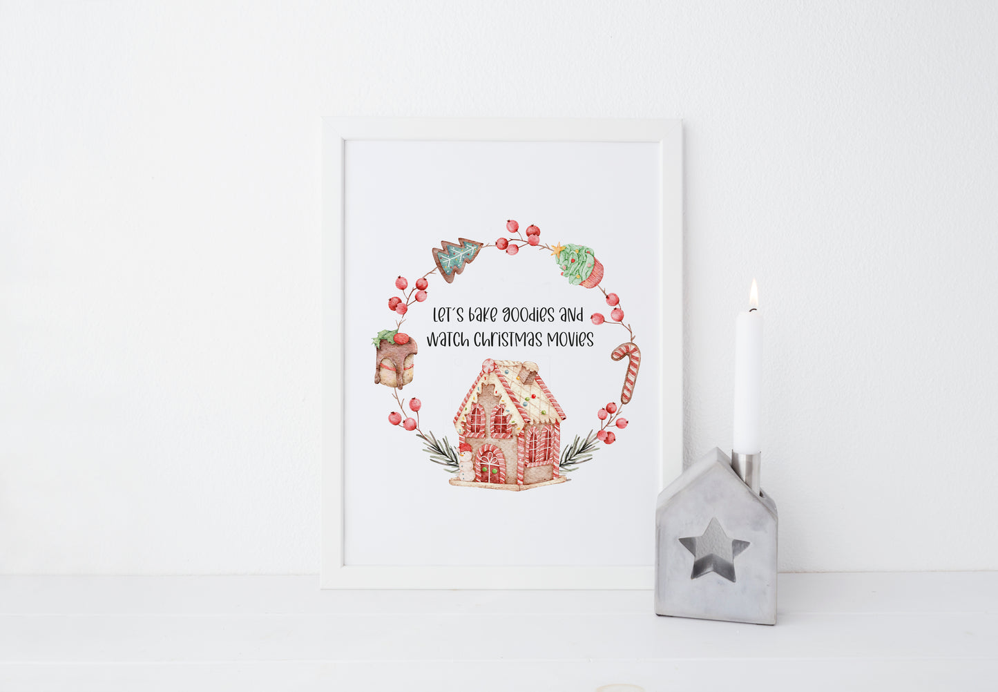 Let's bake goodies and watch Christmas movies, watercolour gingerbread wreath xmas seasonal unframed wall art poster print
