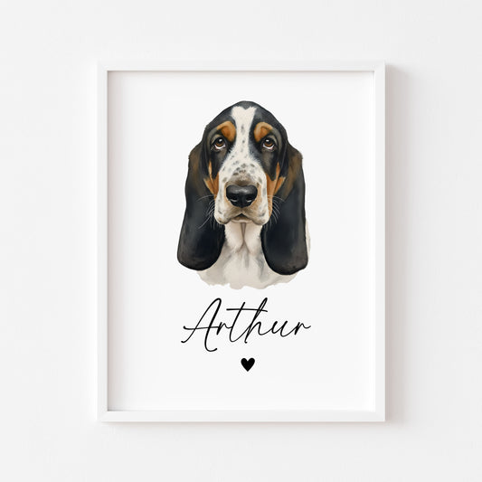 Personalised Basset Hound Dog Print Custom Name Pet portrait watercolour unframed wall art poster
