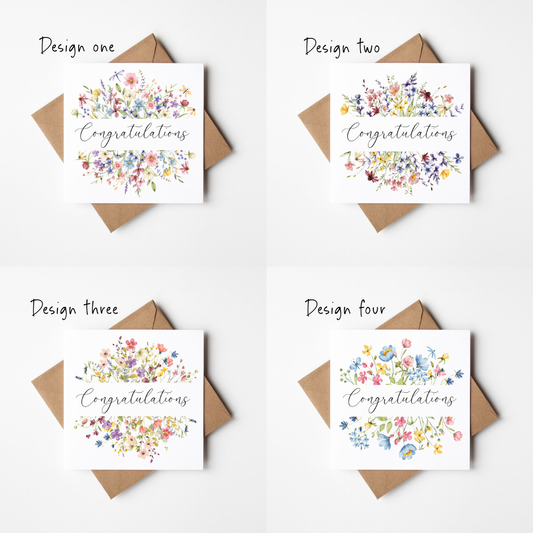 Floral Congratulations Cards Pack of 4 – Wildflower Greeting Card Set with envelopes
