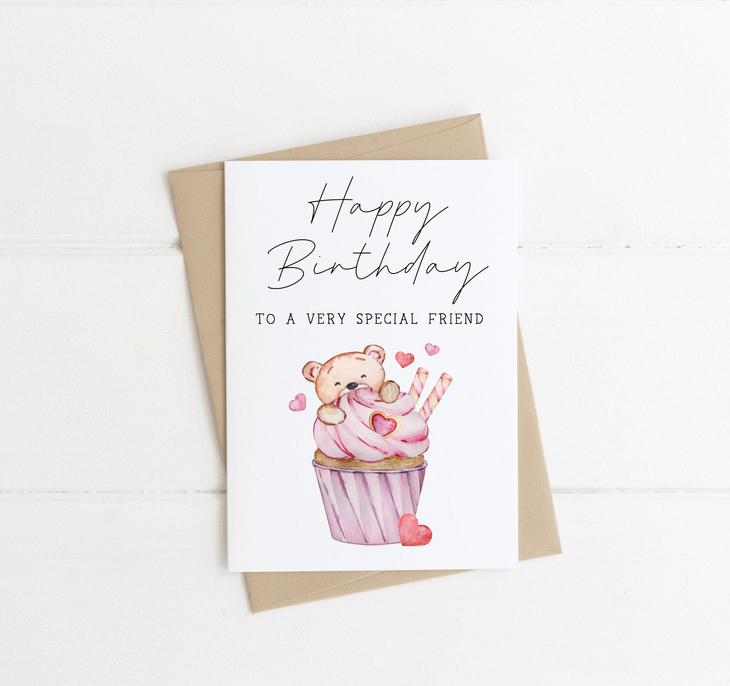 £1 CARD SALE - Happy Birthday Pink teddy bear cupcake hearts