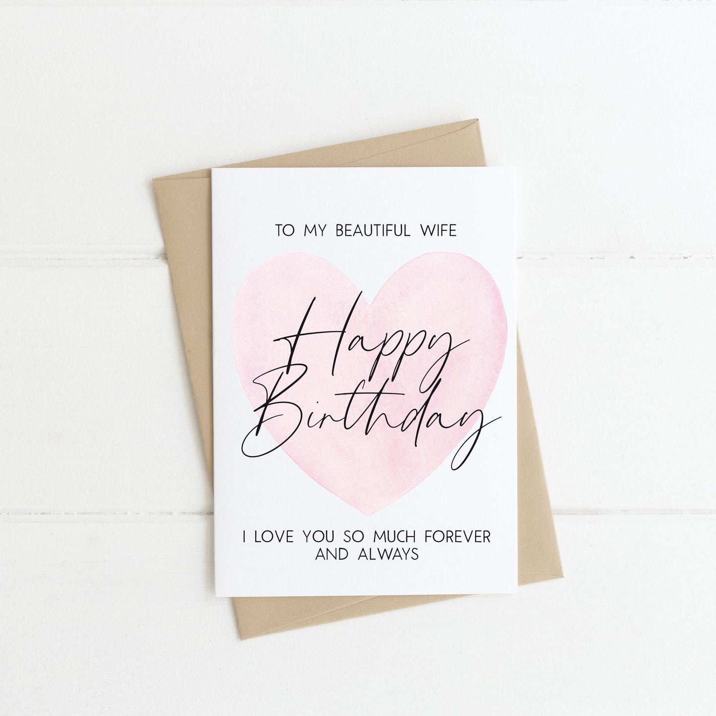 Wife birthday card to my beautiful wife happy birthday wife love couples partner pink heart I love you card with envelope kraft brown/white