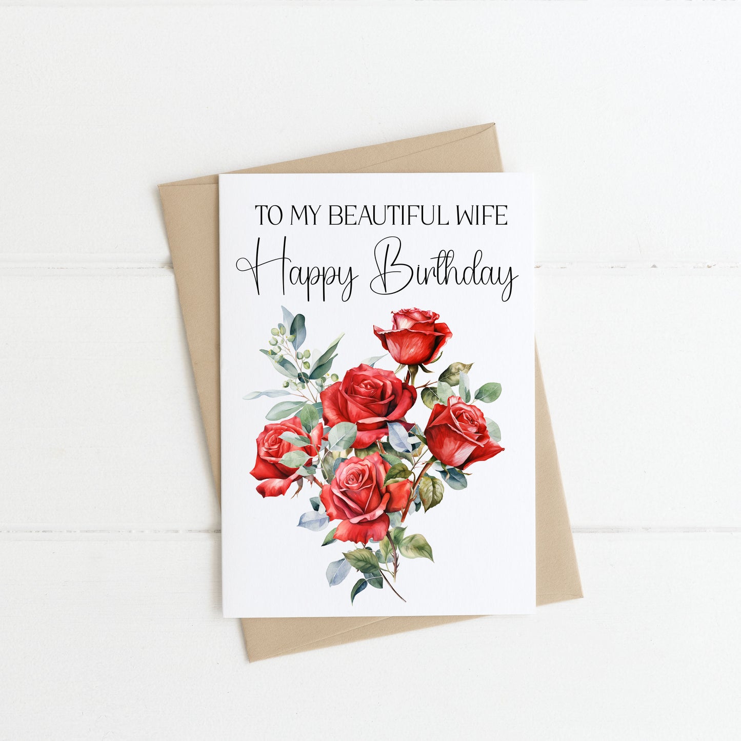 Wife birthday card to my beautiful wife happy birthday wife love couples partner red roses bouquet card with envelope kraft brown/white