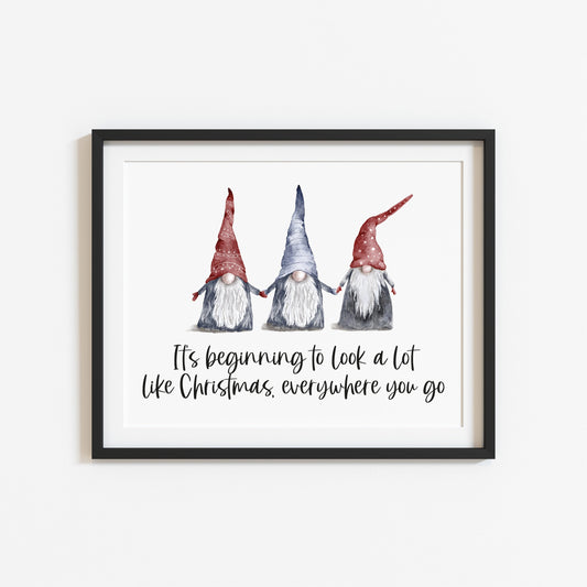 It's beginning to look a lot like Christmas, watercolour gonks/gnome xmas seasonal unframed wall art poster print