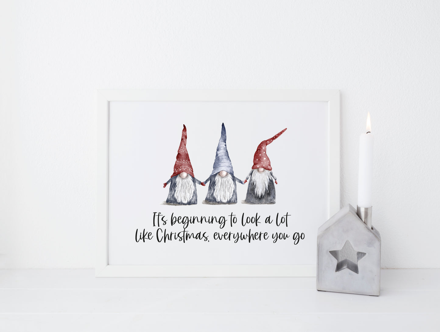 It's beginning to look a lot like Christmas, watercolour gonks/gnome xmas seasonal unframed wall art poster print