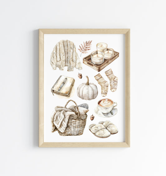 Autumn favourites, Autumn cosy beige soft fall autumn vibes, fall faves unframed wall art poster print, autumn home decor autumn mood board