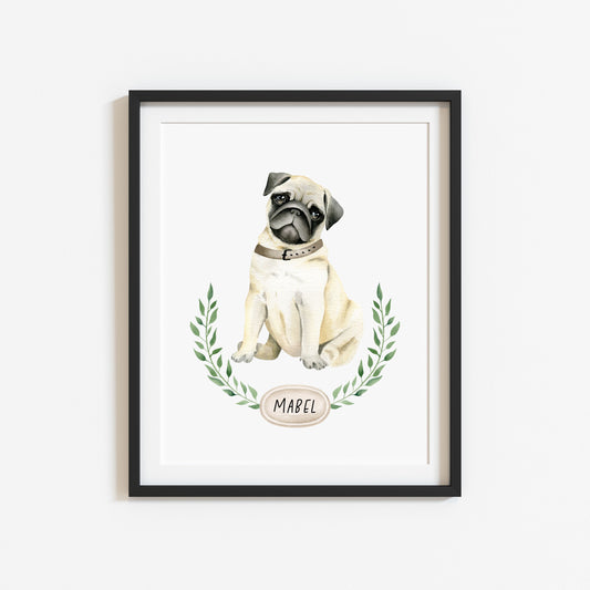Personalised pug print, Beige pug, personalised name & wreath dog pet unframed wall art poster print, personalised dog gifts, gift ideas