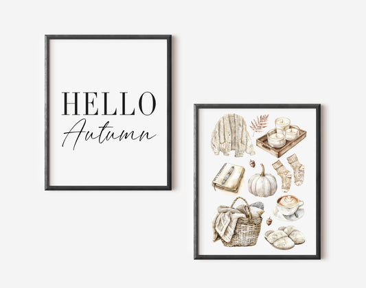 Set of 2 Autumn prints, Hello Autumn seasonal autumn favourites beige unframed wall art poster prints, seasonal decor, Autumn wall art set