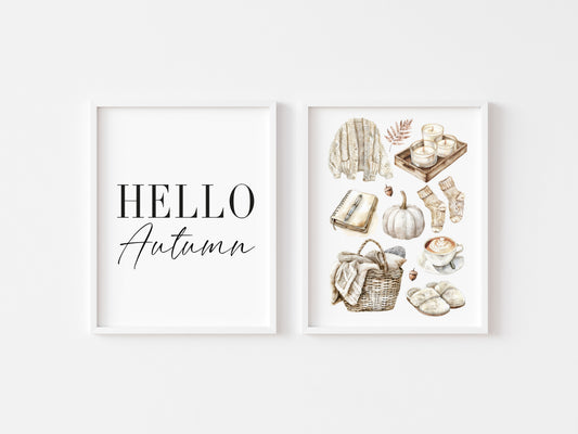 Set of 2 Autumn prints, Hello Autumn seasonal autumn favourites beige unframed wall art poster prints, seasonal decor, Autumn wall art set