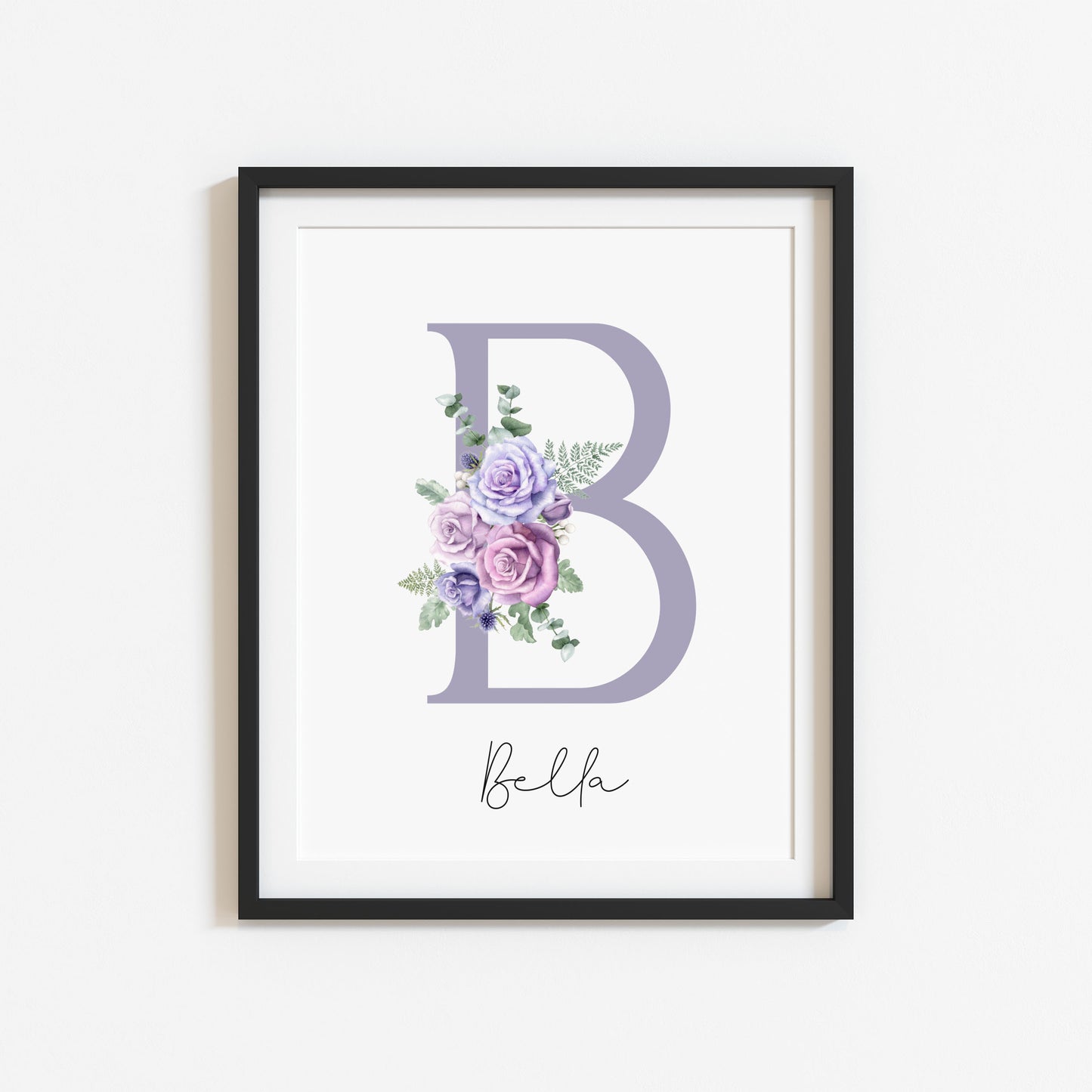 Personalised purple roses floral initial name print, bedroom nursery home unframed wall art poster print, initial print, floral nursery print
