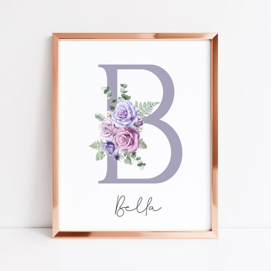 Personalised purple roses floral initial name print, bedroom nursery home unframed wall art poster print, initial print, floral nursery print