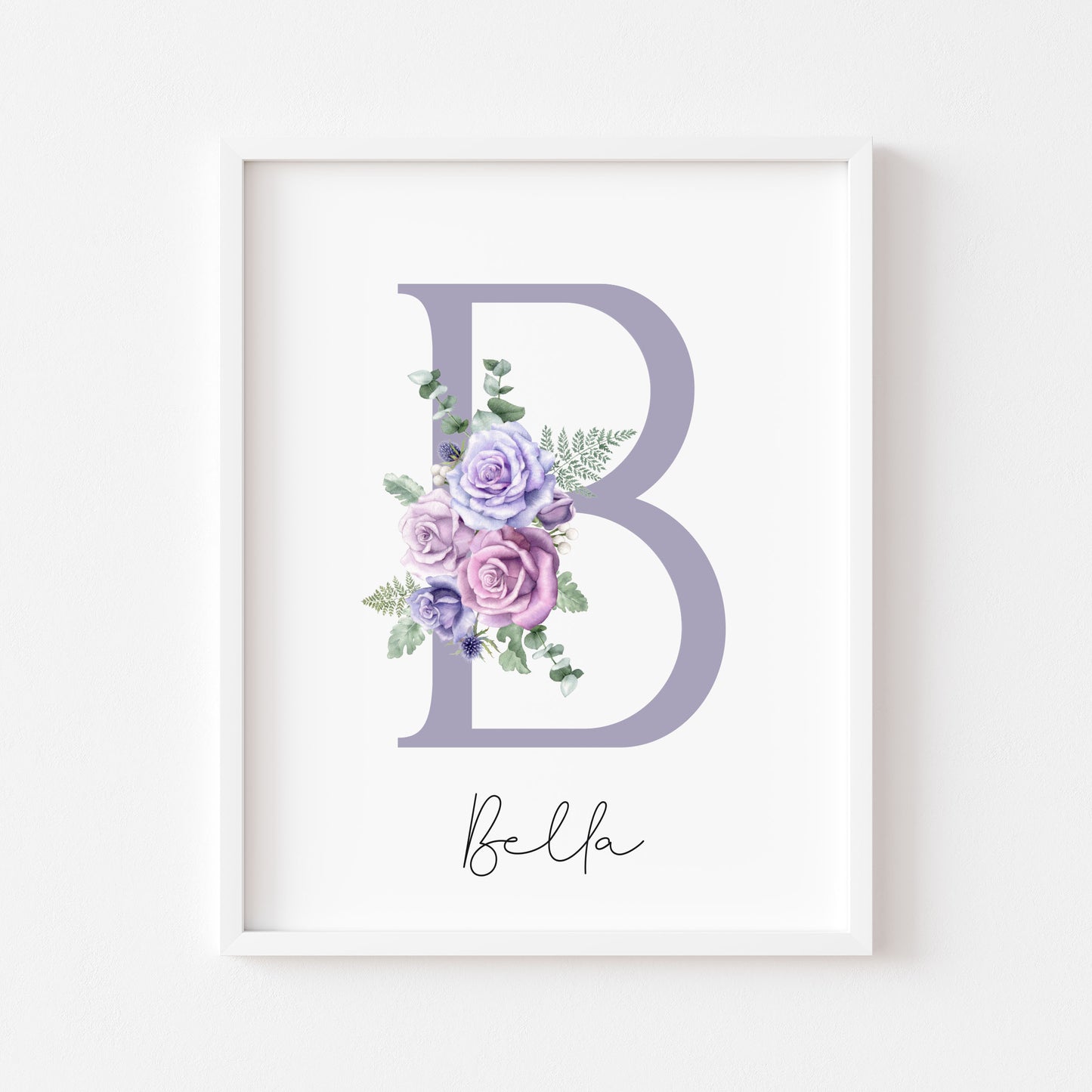 Personalised purple roses floral initial name print, bedroom nursery home unframed wall art poster print, initial print, floral nursery print