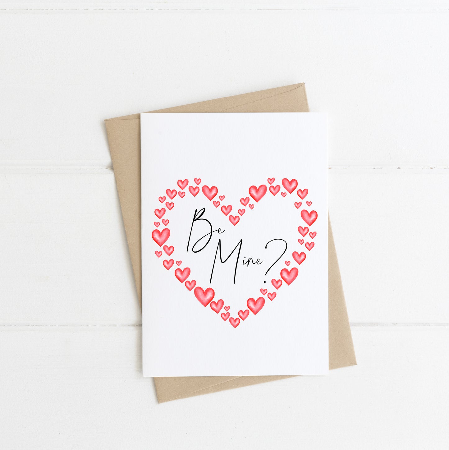 Valentines Day Card, Be mine red love hearts simplistic cute couples romantic valentines card & envelope,kraft brown or white