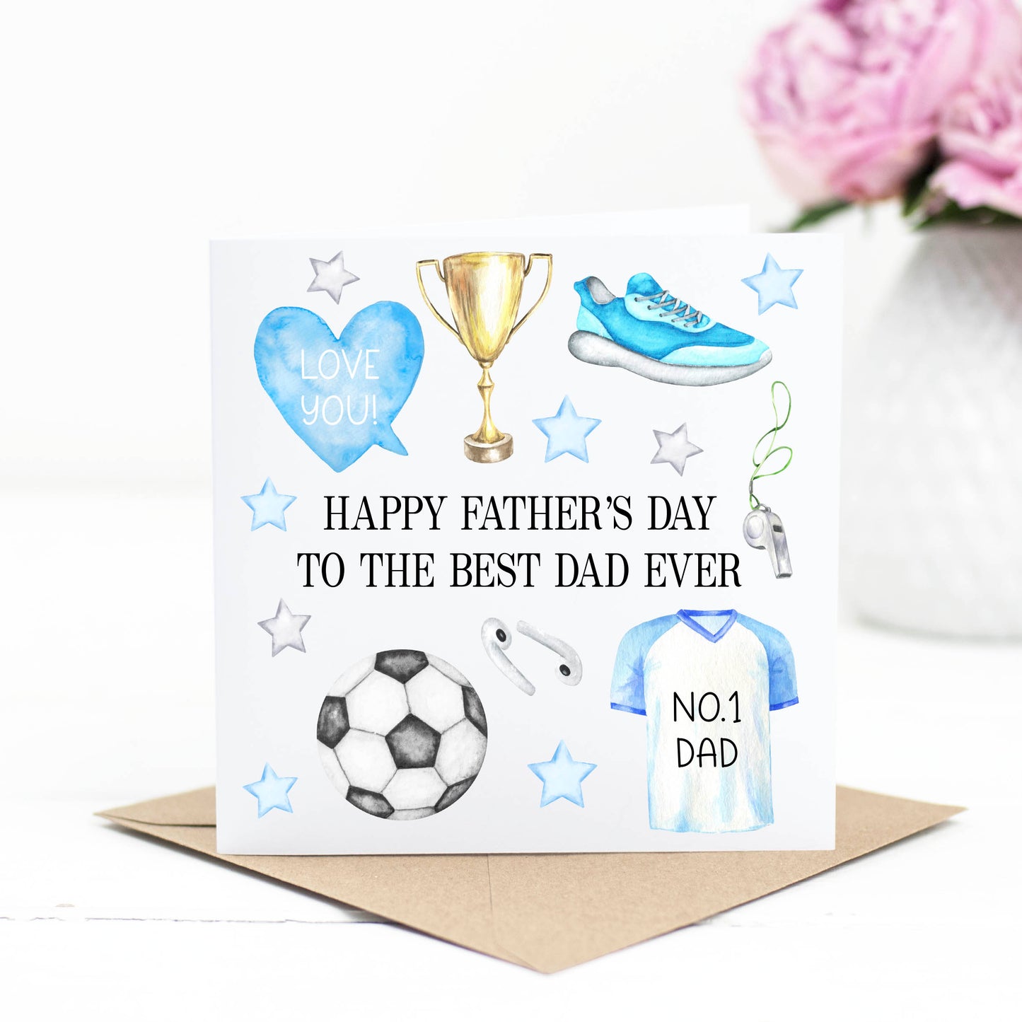 Father's day card, best dad ever, happy father's day, watercolour blue football sports cool illustrations fun card for dads with envelope