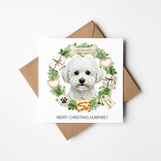 Personalised Dog Christmas card, Bichon Frise custom pet name xmas card with envelope