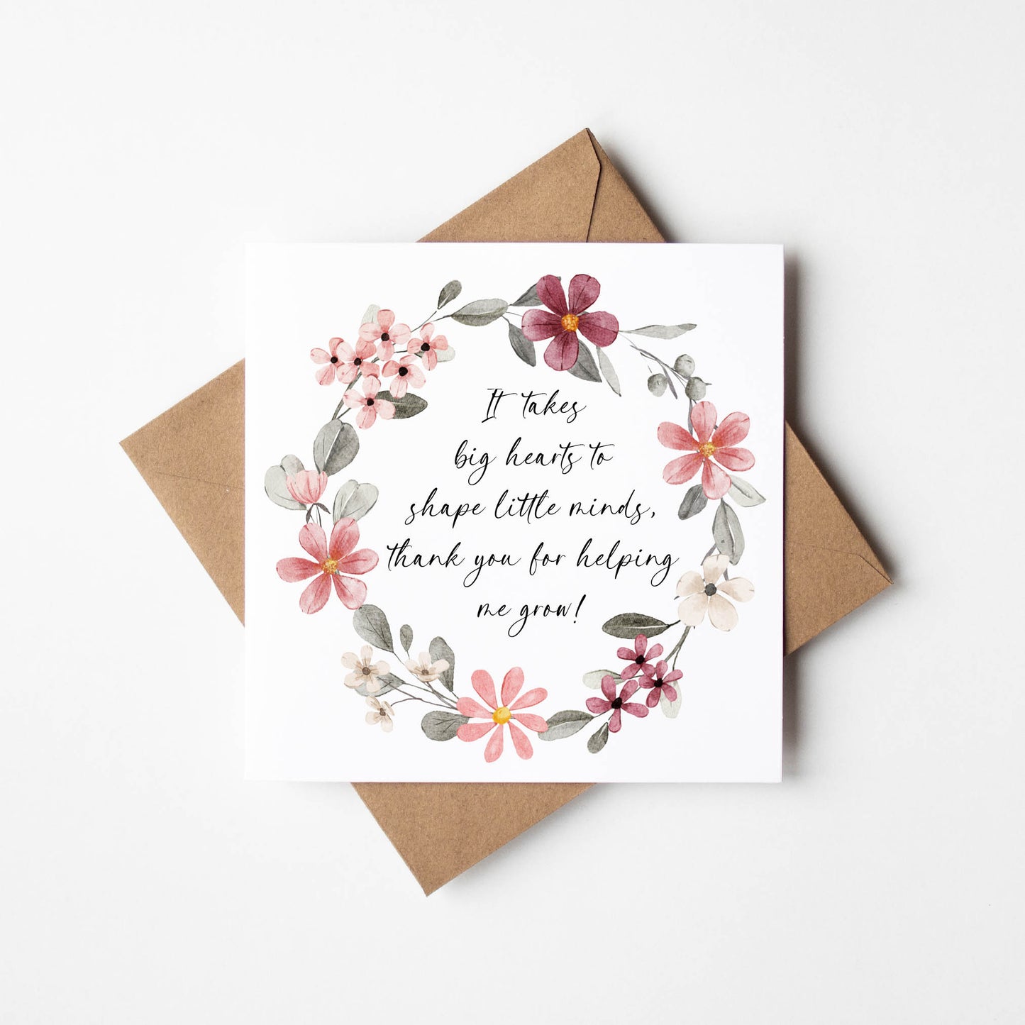 Thank you nursery card, red floral wreath poem thank you so much teacher school nursery mentor assistant friend card with brown envelope