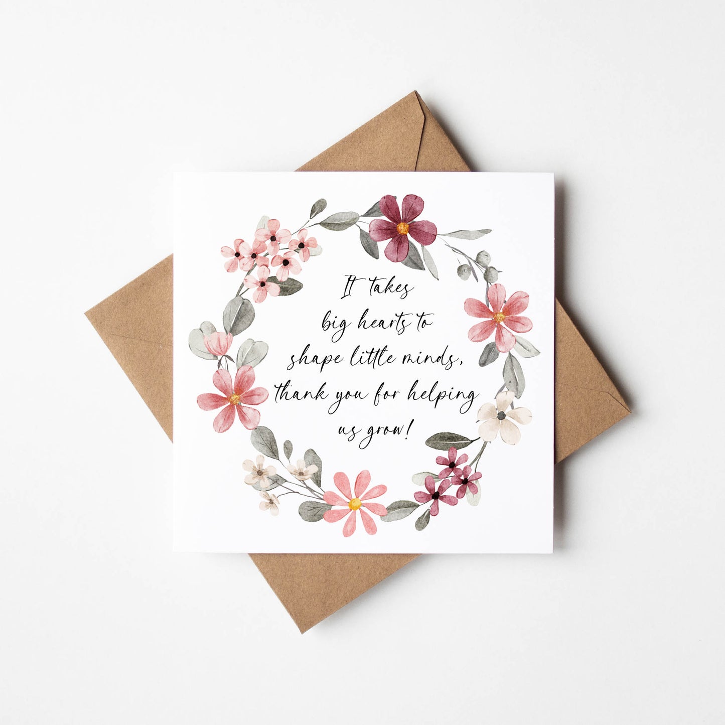 Thank you nursery card, red floral wreath poem thank you so much teacher school nursery mentor assistant friend card with brown envelope