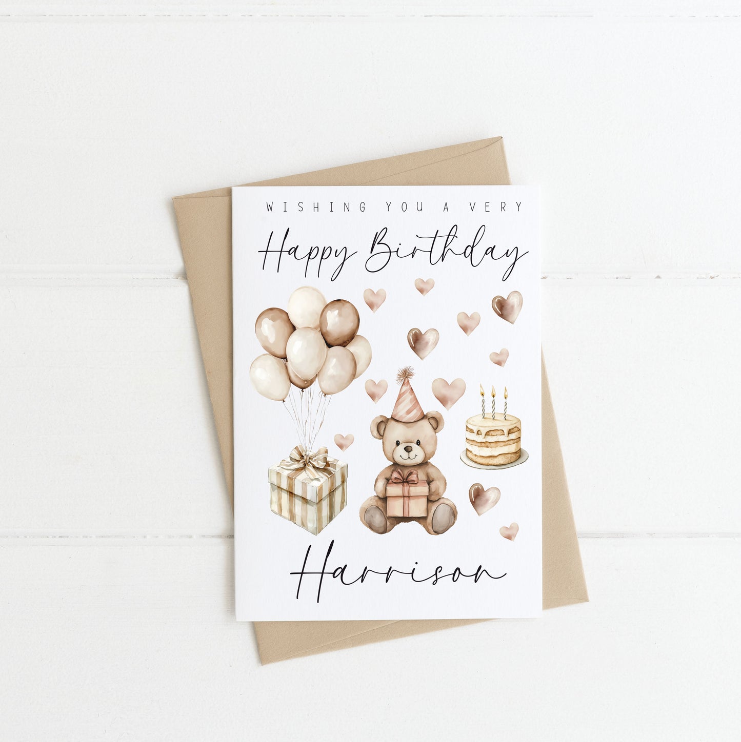 Personalised Birthday card Happy Birthday wishing you a very happy birthday neutral boho cute bear balloons party card with envelope birthday cards