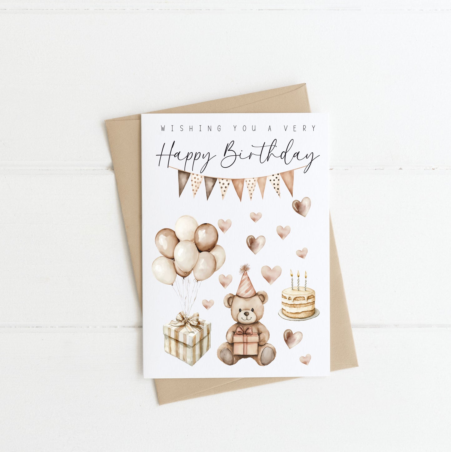 Birthday card Happy Birthday wishing you a very happy birthday neutral boho cute bear balloons party card with envelope birthday cards