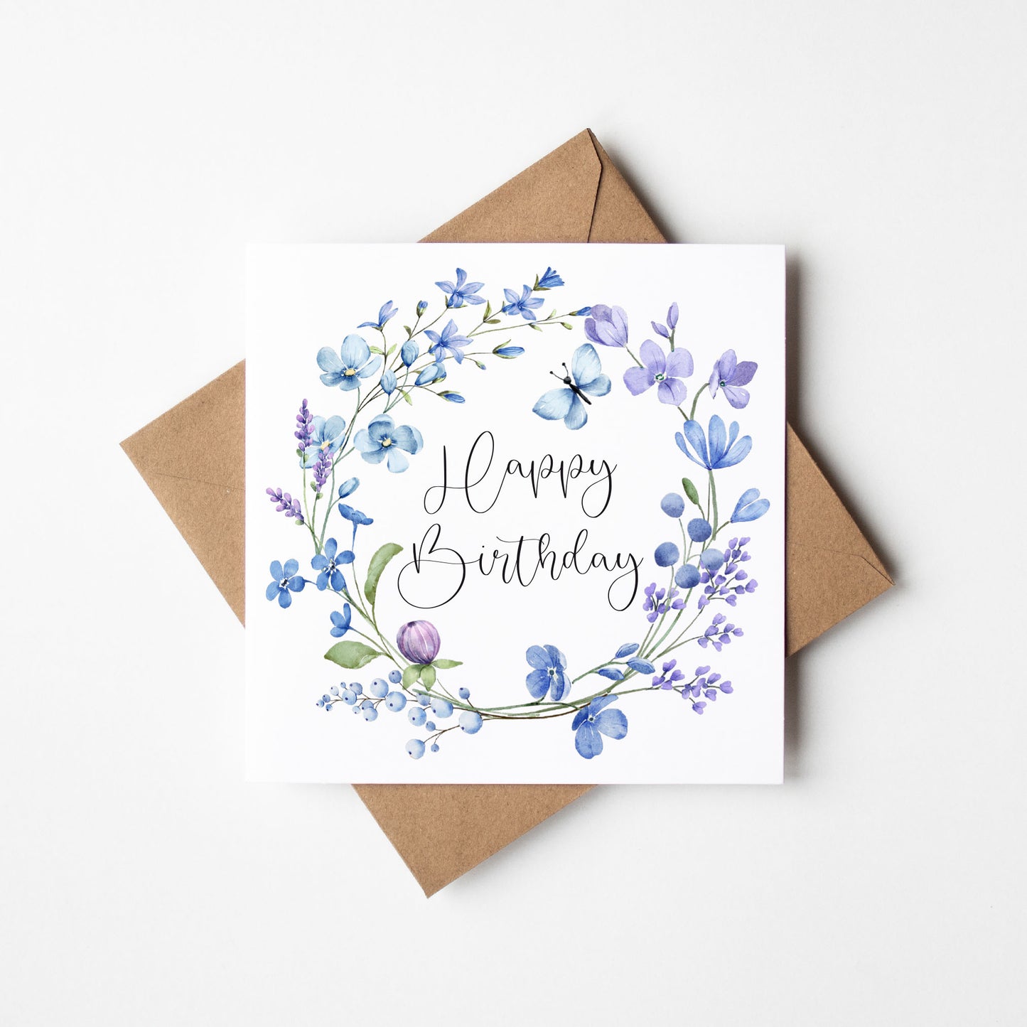 Birthday card, Happy Birthday blue lilac purple butterfly floral wreath pretty girl friends birthday card flower birthday card with envelope