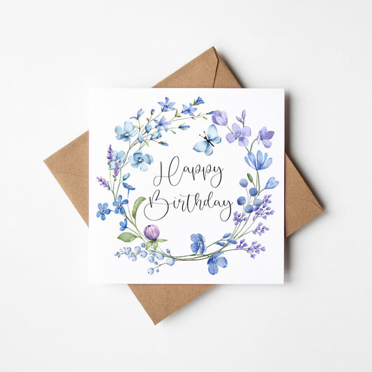 Birthday card, Happy Birthday blue lilac purple butterfly floral wreath pretty girl friends birthday card flower birthday card with envelope