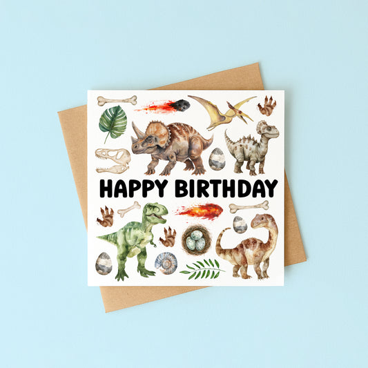 Birthday Card Dinosaur kids theme dino lover bday watercolour mood board design with Envelope