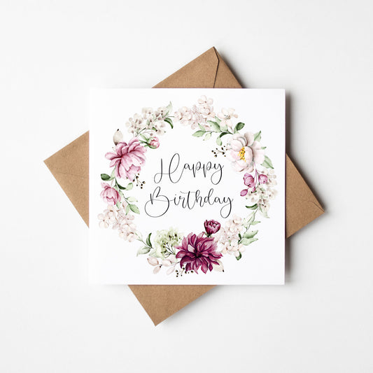 Birthday card, Happy Birthday white pink green maroon floral wreath pretty girl friends birthday card flower birthday card with envelope
