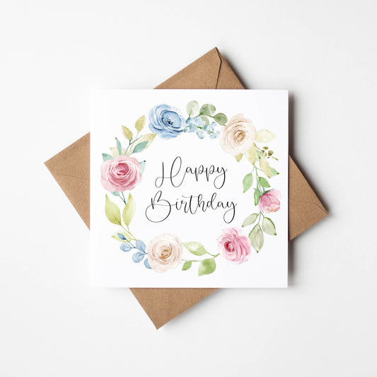 Birthday card, Happy Birthday white pink blue green roses floral wreath pretty girl friends birthday card flower birthday card with envelope