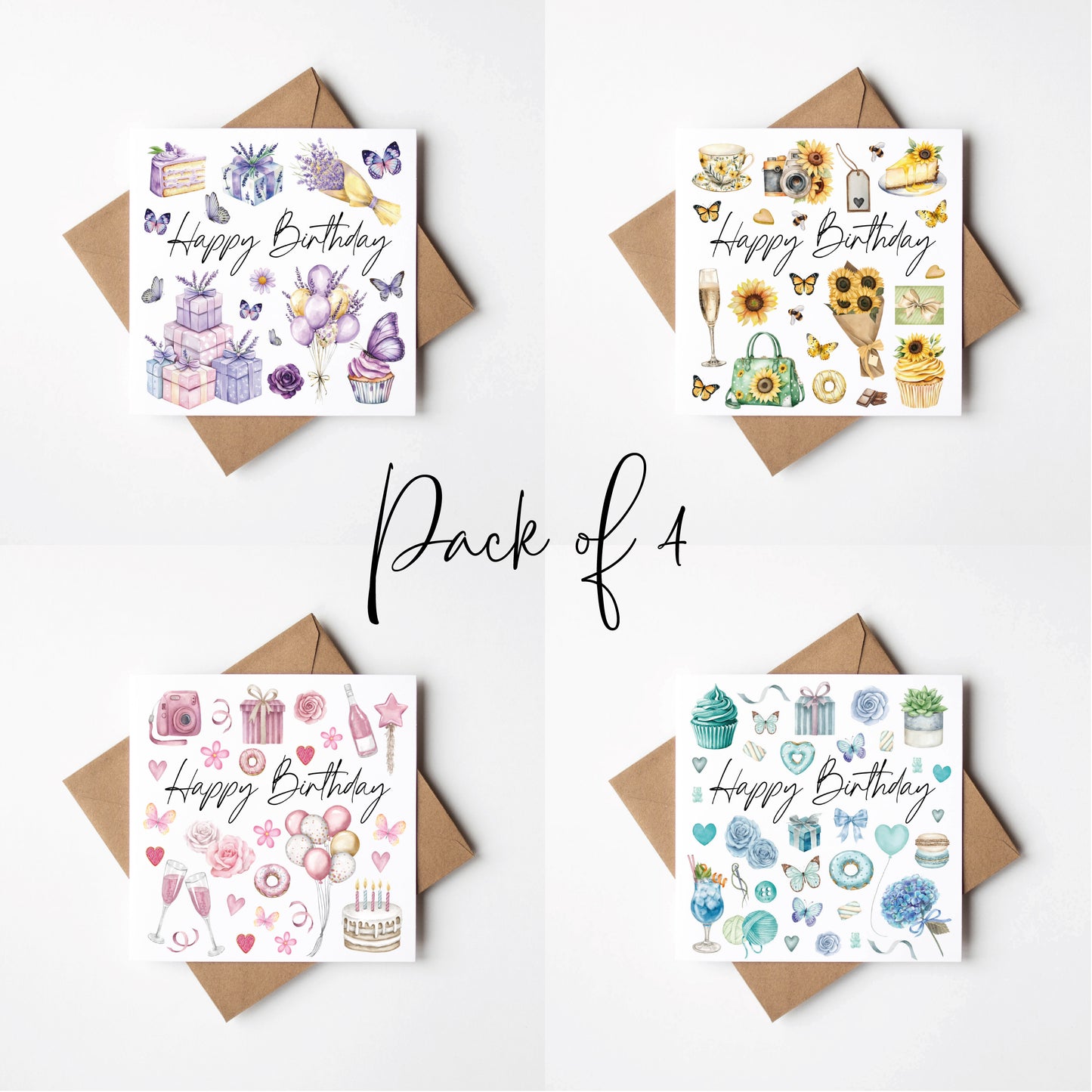Birthday cards Pack of 4 Happy Birthday individual styles, floral roses sunflowers blue purple pink colour themed cards with envelopes