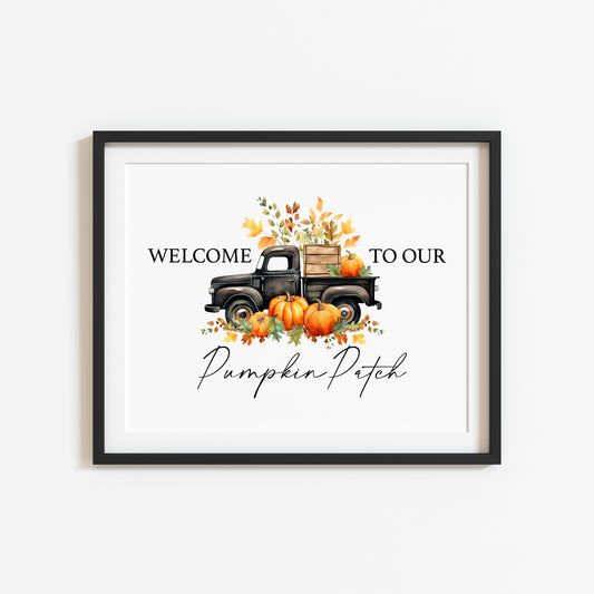 Welcome to our pumpkin patch pumpkin black truck landscape watercolour illustration unframed wall art poster print