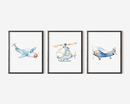 Air transport print set of 3 aviation aeroplane blue beige red boys transport wall art (unframed)